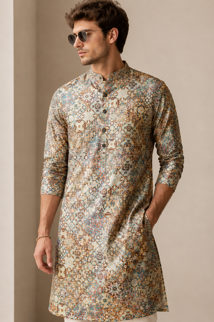 Vibrant Mosaic Print Festive & Casual Short Kurta for Men - 26370