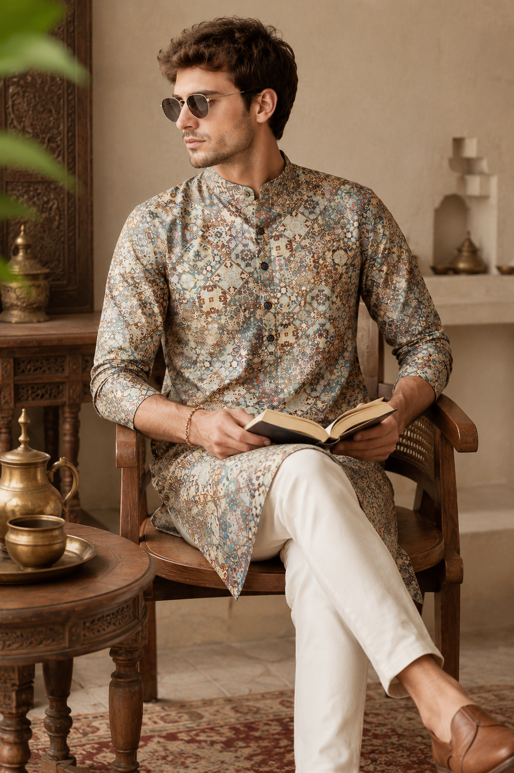 Vibrant Mosaic Print Festive & Casual Short Kurta for Men - 26370