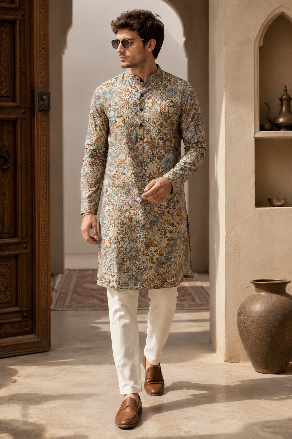 Vibrant Mosaic Print Festive & Casual Short Kurta for Men - 26370