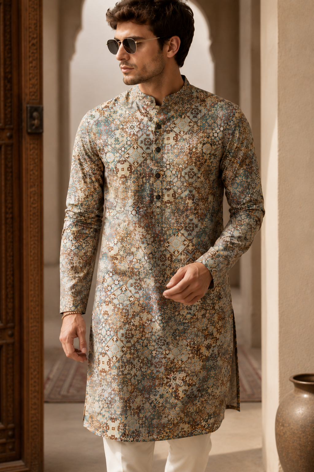 Vibrant Mosaic Print Festive & Casual Short Kurta for Men - 26370