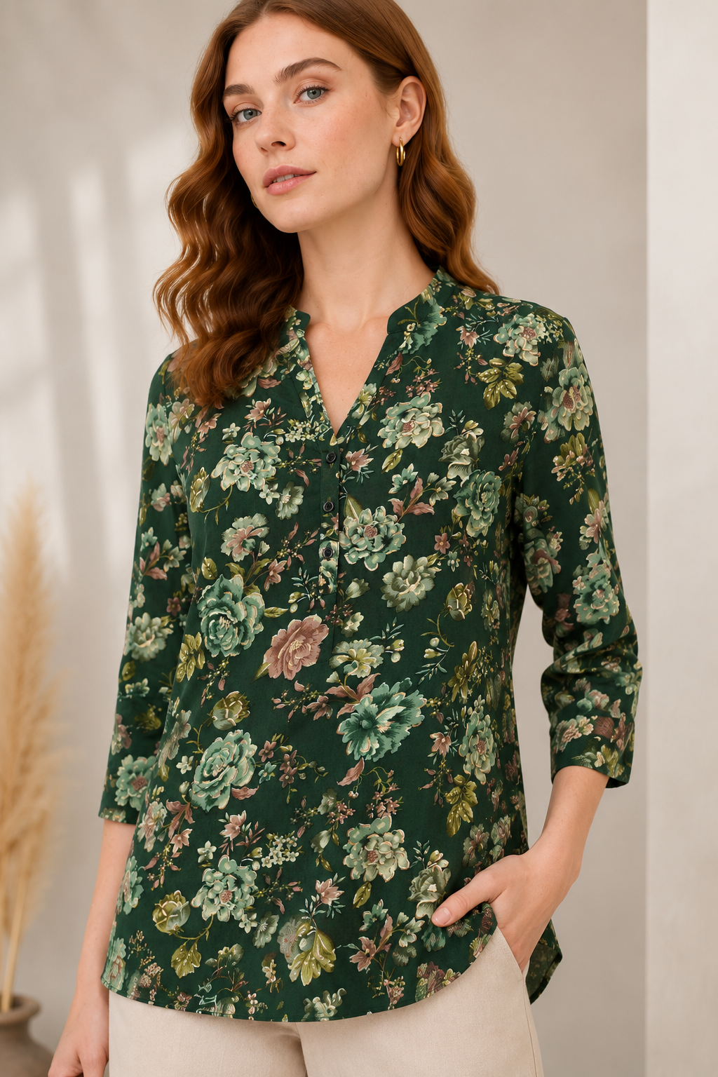 Women's Green Floral Print Short Kurti - 27199