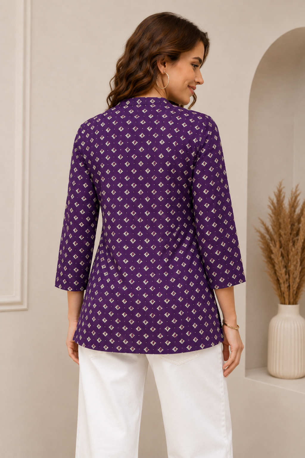 Women's Purple Geometric Print Short Kurti - 27221