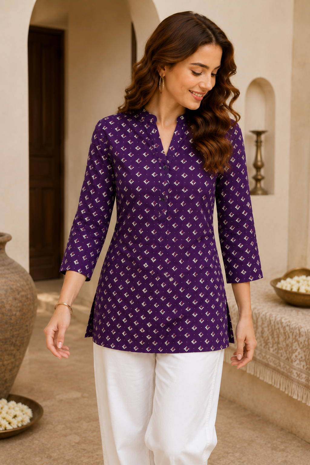 Women's Purple Geometric Print Short Kurti - 27221
