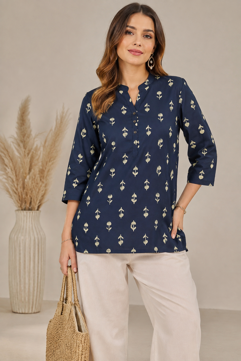 Women's Navy Blue Floral Block Print Short Kurti - 27210