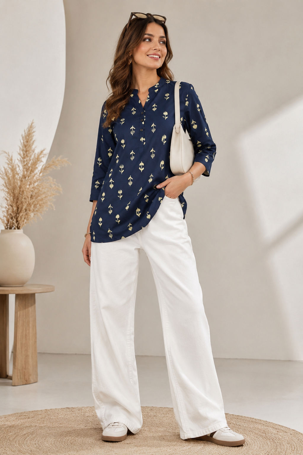 Women's Navy Blue Floral Block Print Short Kurti - 27210