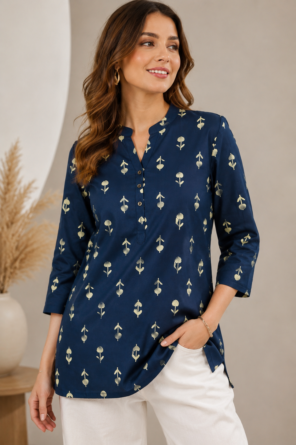 Women's Navy Blue Floral Block Print Short Kurti - 27210
