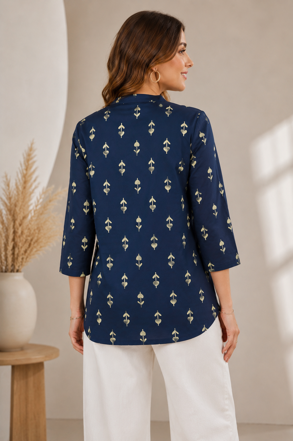 Women's Navy Blue Floral Block Print Short Kurti - 27210