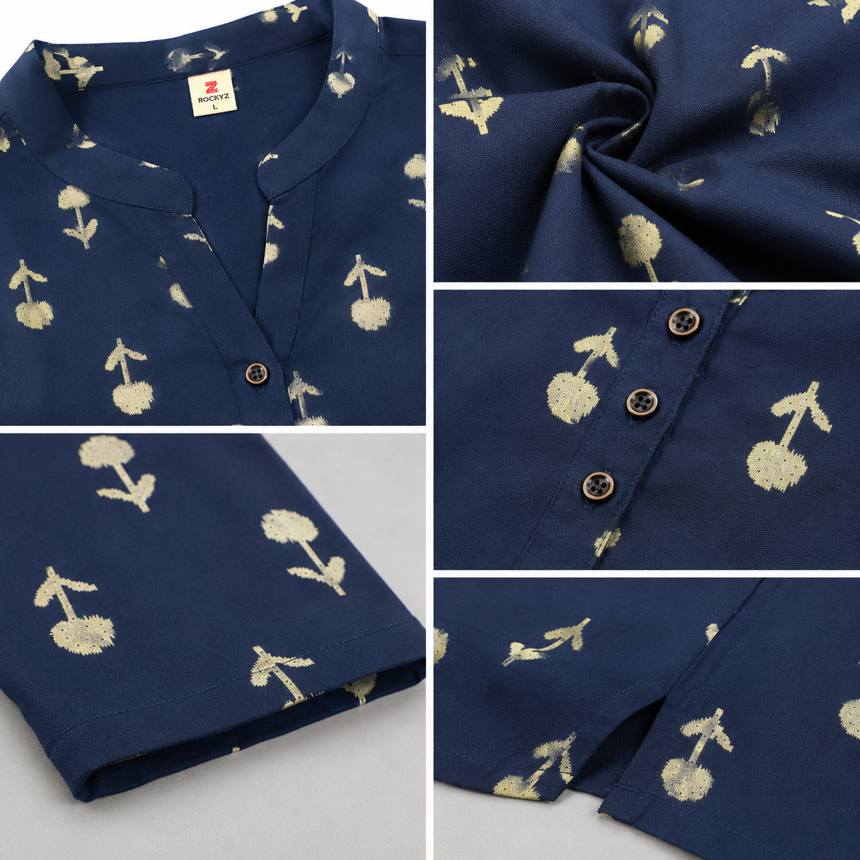 Women's Navy Blue Floral Block Print Short Kurti - 27210