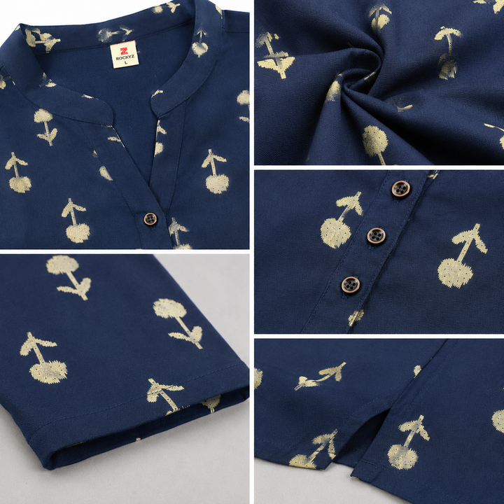 Women's Navy Blue Floral Block Print Short Kurti - 27210