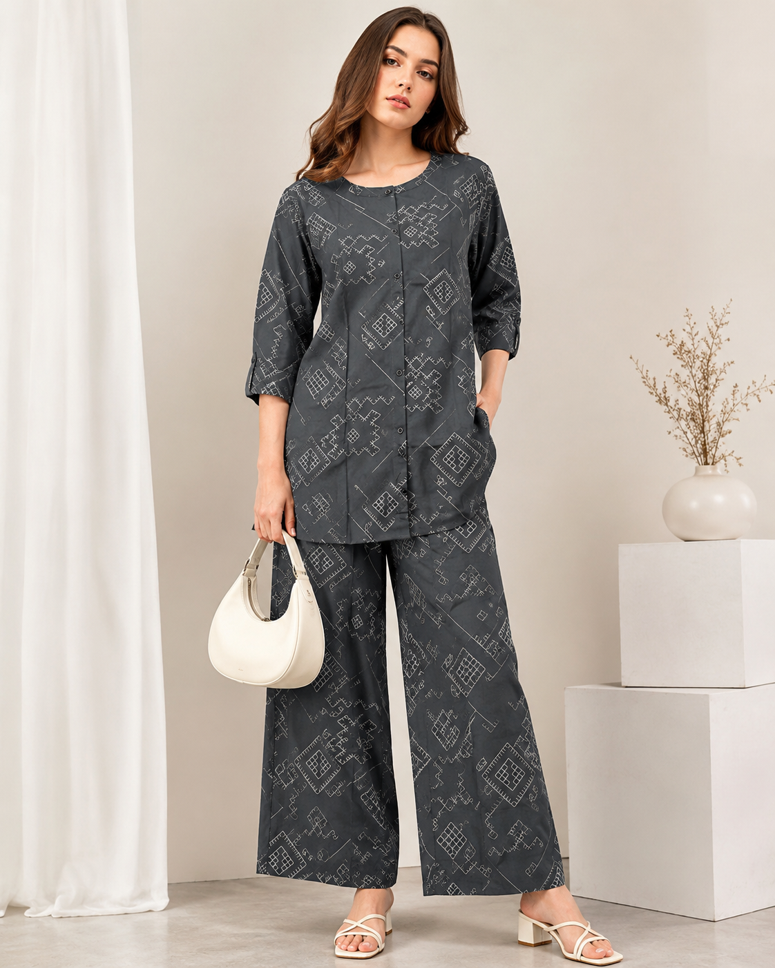 Women's Dark Grey Geometric Printed Front-Button Co-ord Set