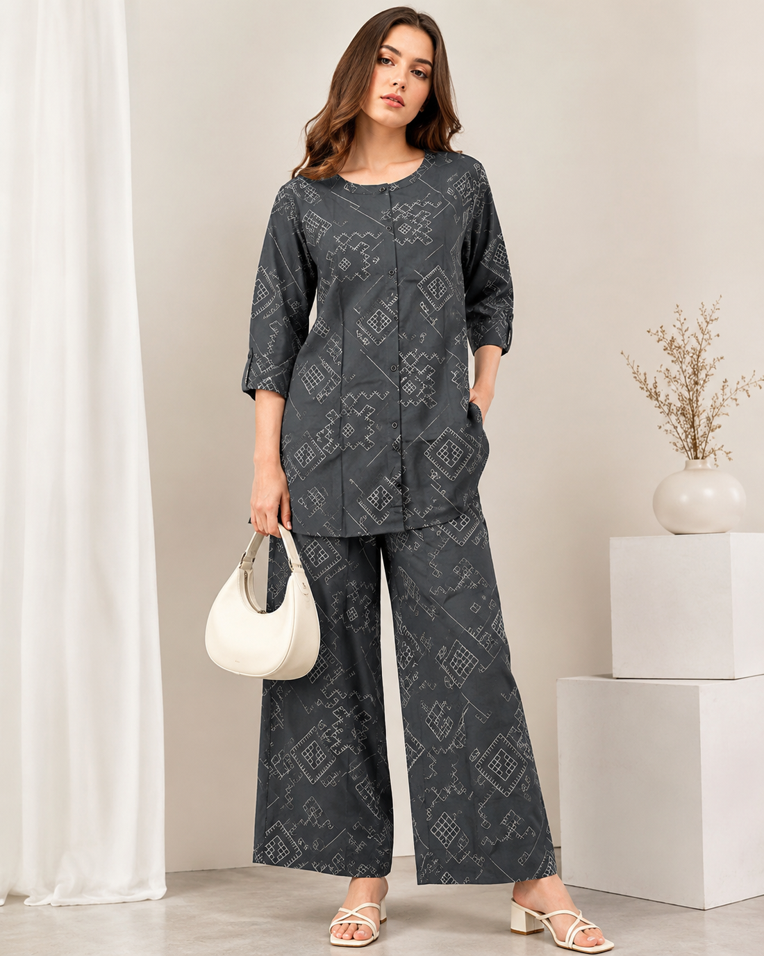Women's Dark Grey Geometric Printed Front-Button Co-ord Set