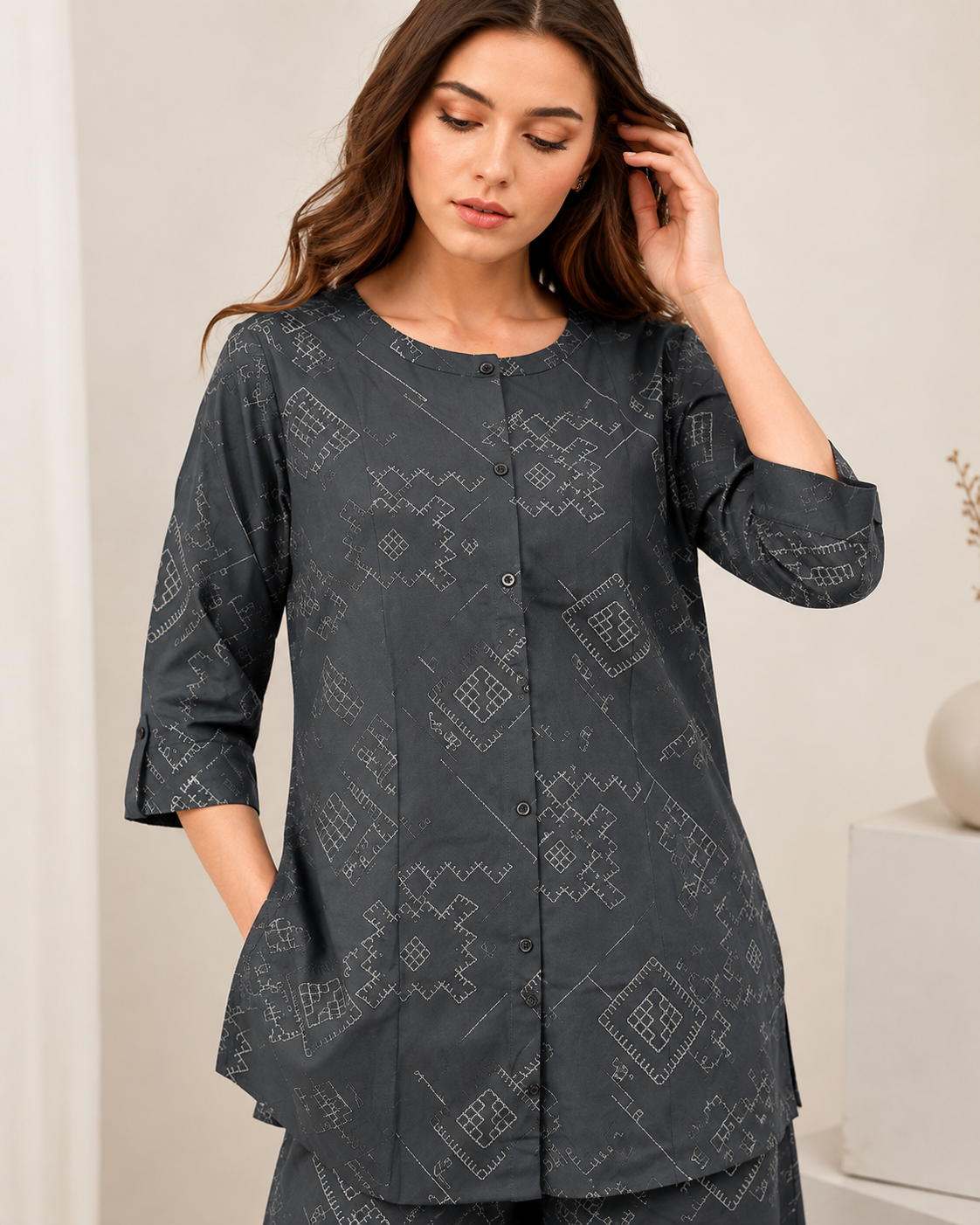 Women's Dark Grey Geometric Printed Front-Button Co-ord Set