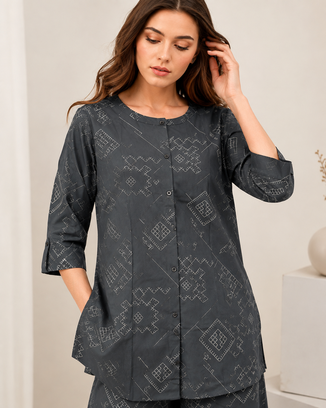 Women's Dark Grey Geometric Printed Front-Button Co-ord Set