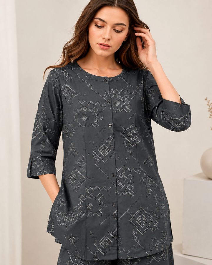 Women's Dark Grey Geometric Printed Front-Button Co-ord Set