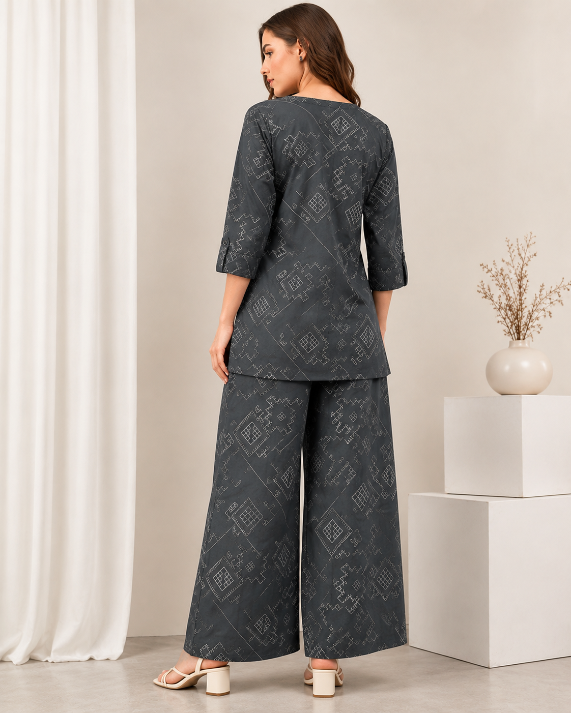 Women's Dark Grey Geometric Printed Front-Button Co-ord Set