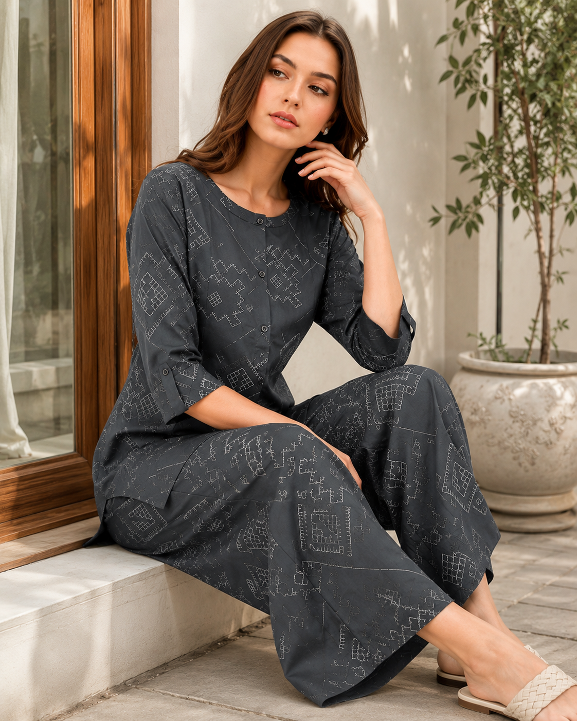 Women's Dark Grey Geometric Printed Front-Button Co-ord Set