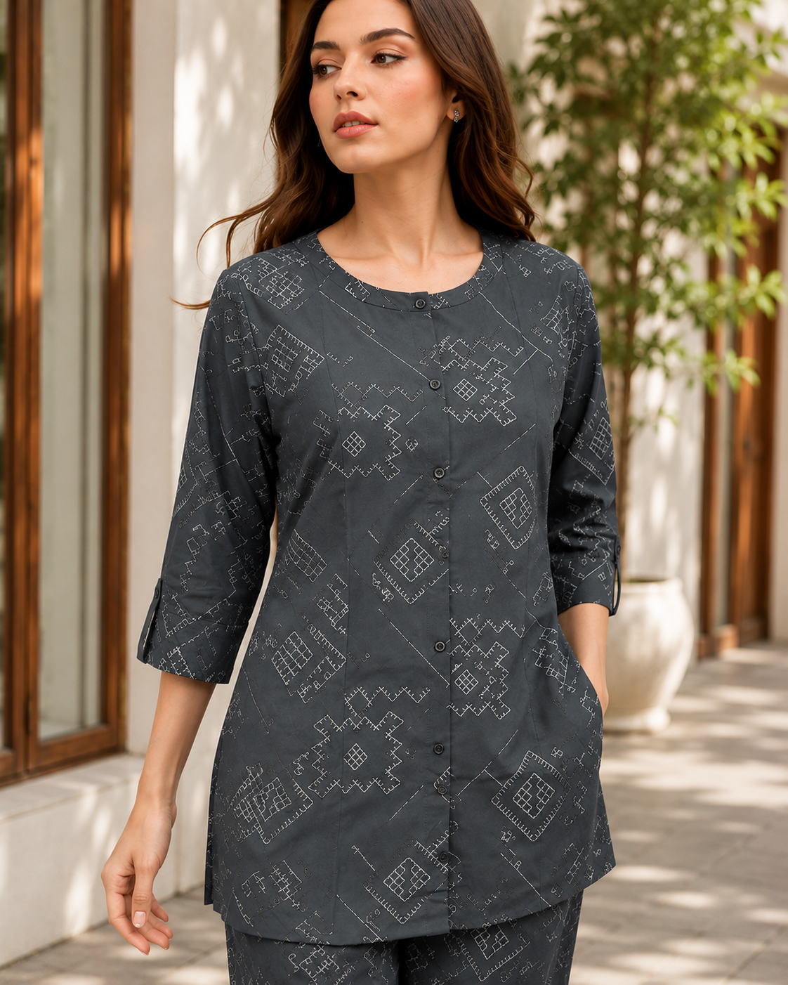 Women's Dark Grey Geometric Printed Front-Button Co-ord Set
