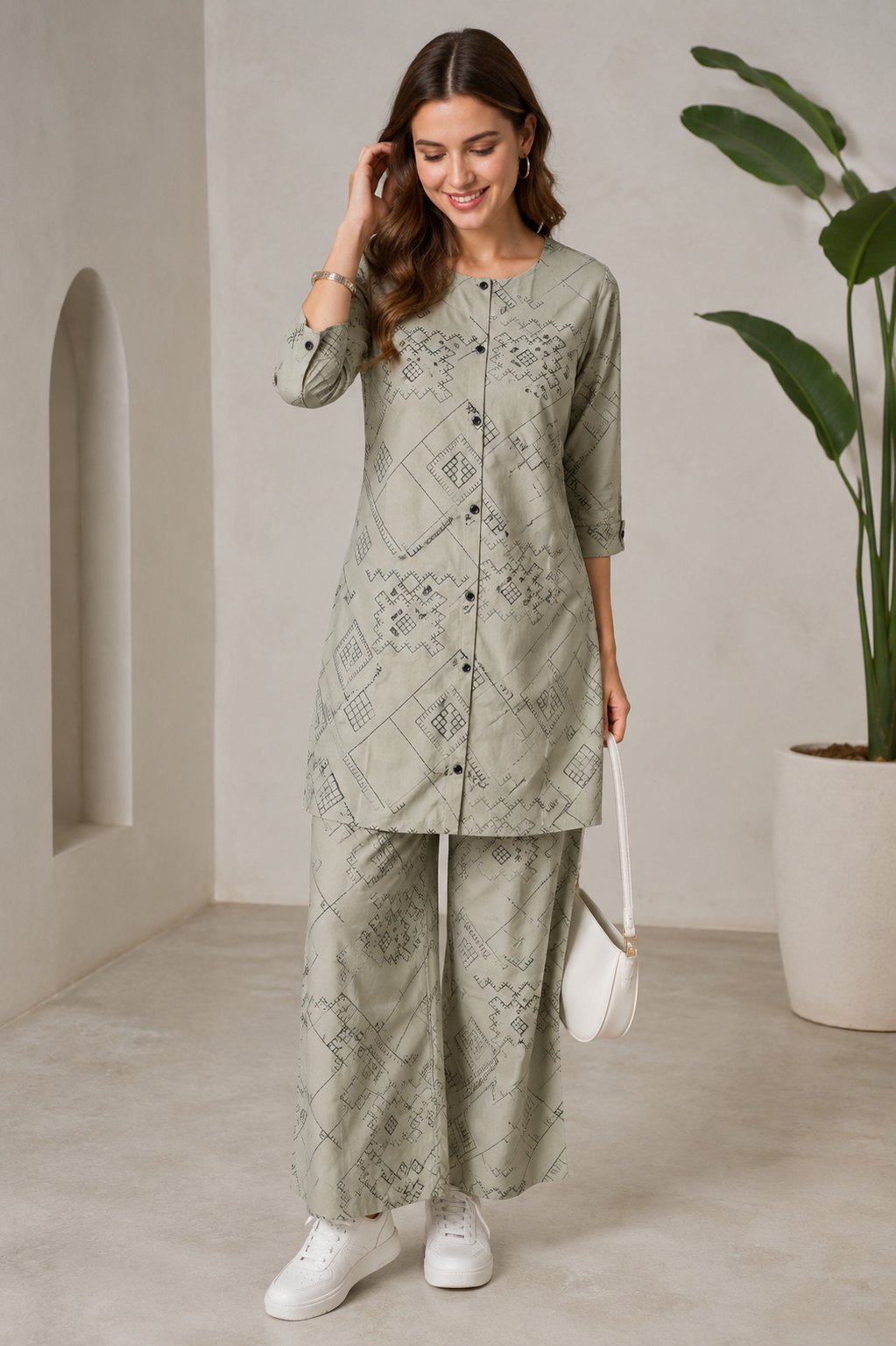 Women's Sage Green Geometric Printed Front-Button Co-ord Set - 27260