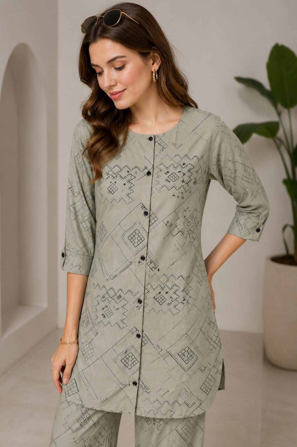 Women's Sage Green Geometric Printed Front-Button Co-ord Set - 27260