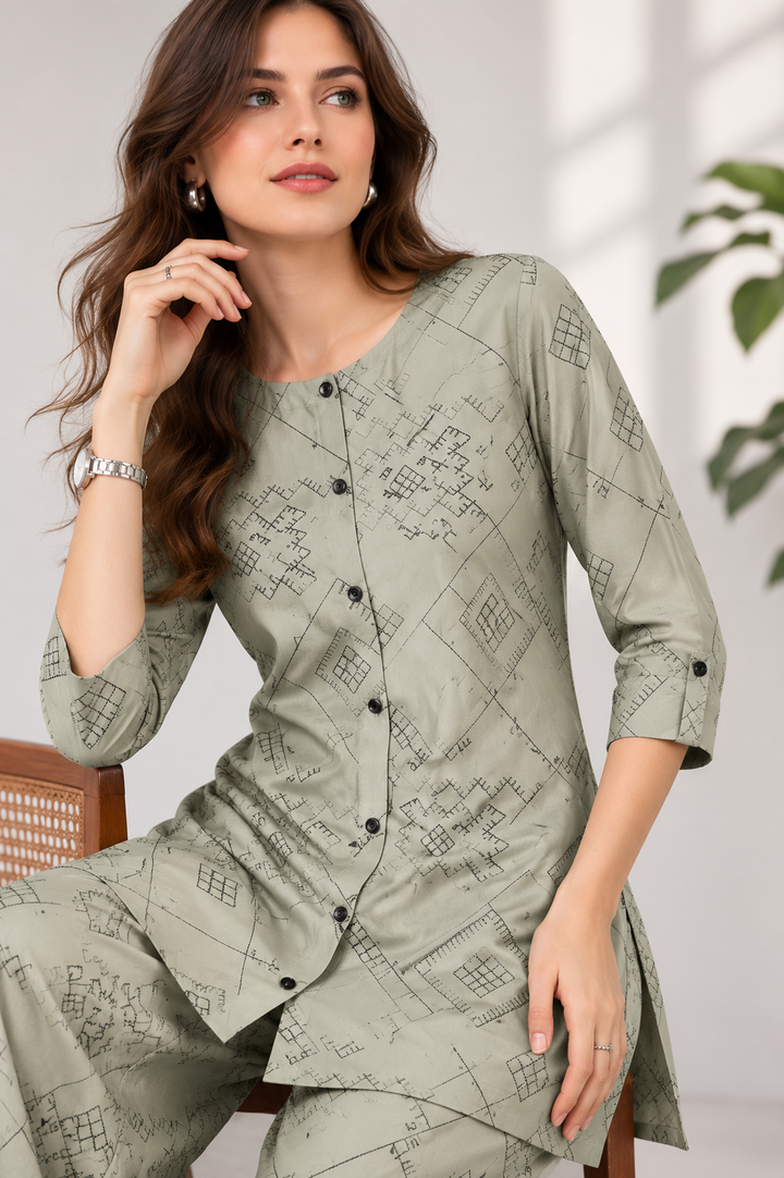 Women's Sage Green Geometric Printed Front-Button Co-ord Set - 27260