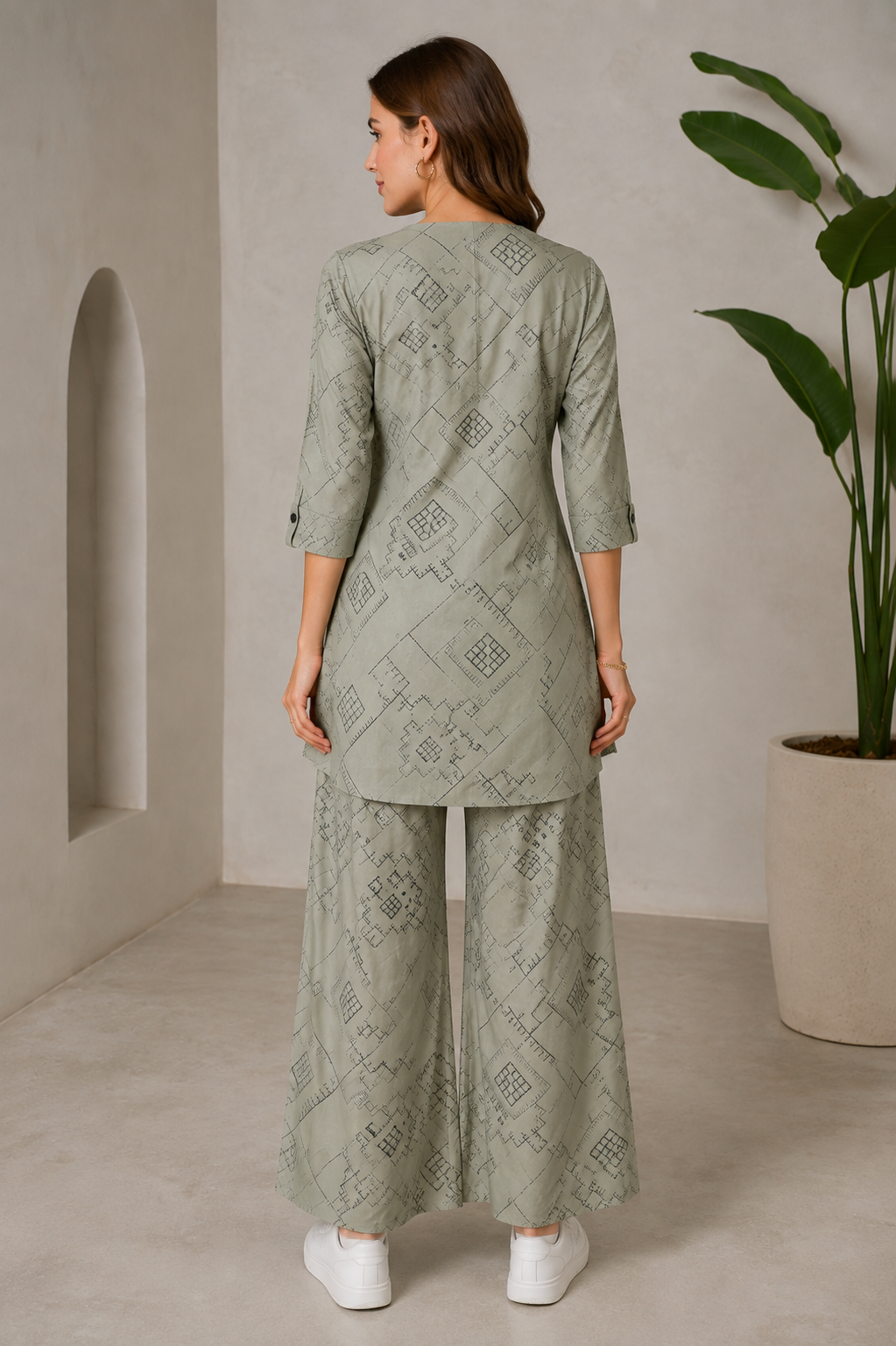 Women's Sage Green Geometric Printed Front-Button Co-ord Set - 27260
