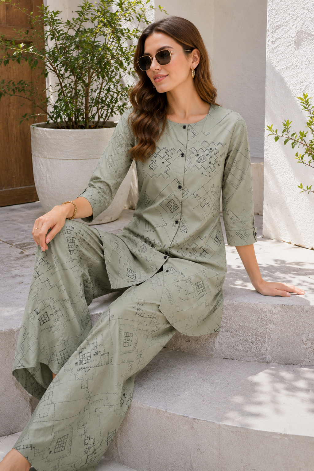 Women's Sage Green Geometric Printed Front-Button Co-ord Set - 27260