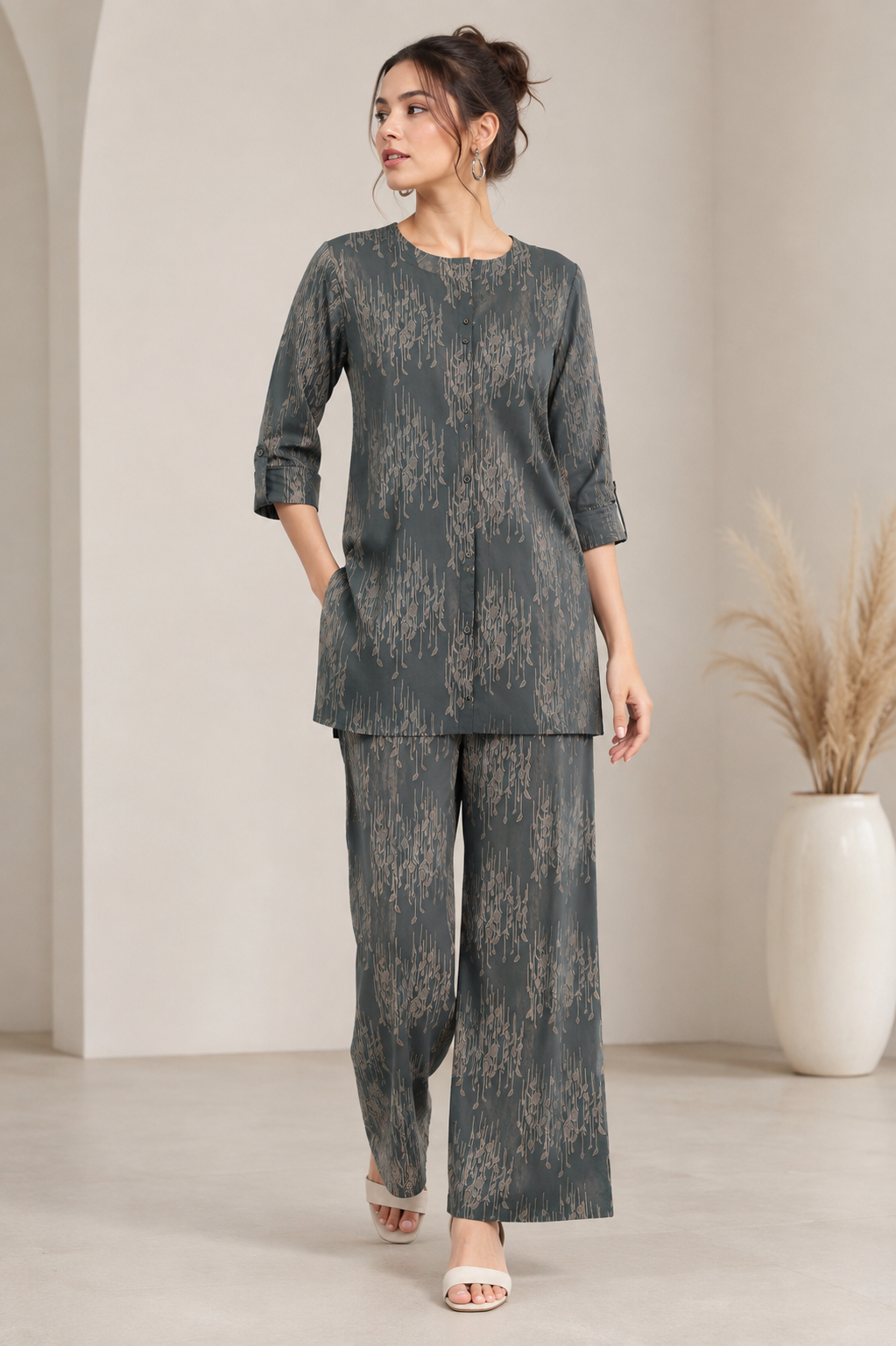Women's Dark Green Printed Co-ord Set - 27262