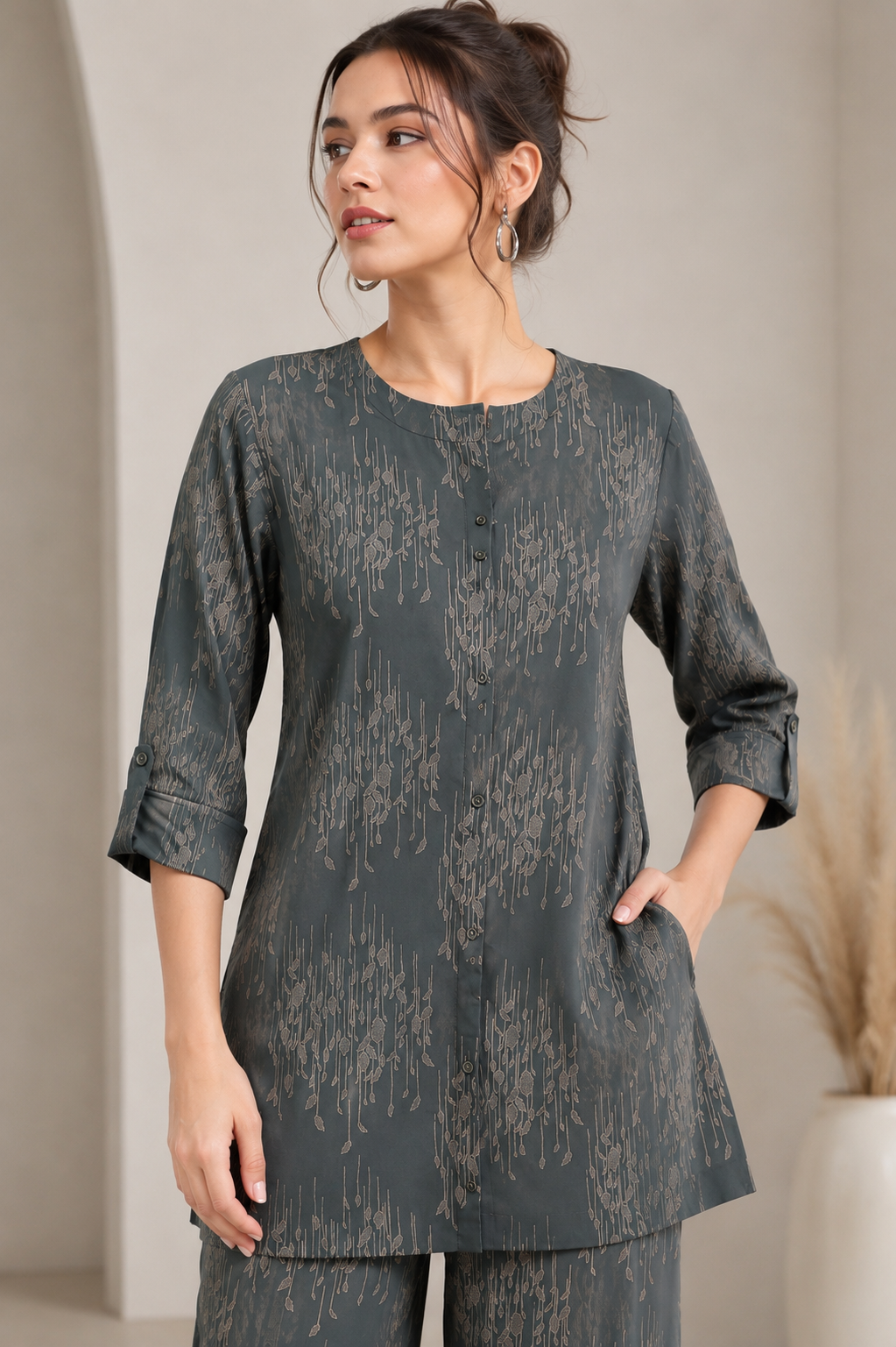 Women's Dark Green Printed Co-ord Set - 27262