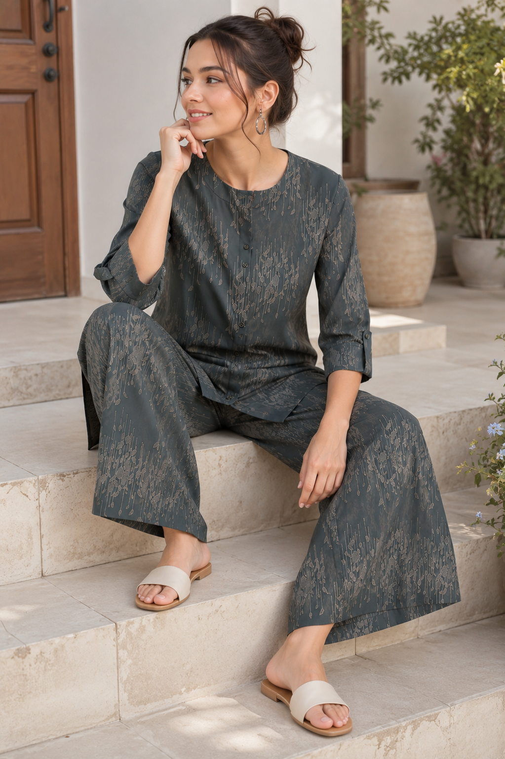 Women's Dark Green Printed Co-ord Set - 27262