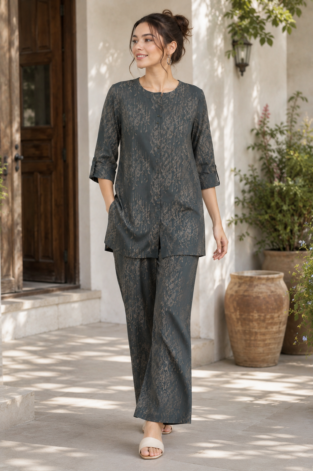 Women's Dark Green Printed Co-ord Set - 27262