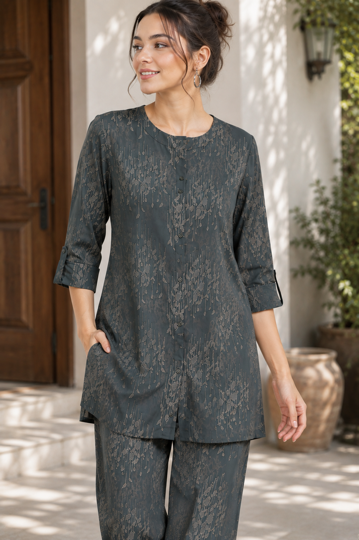 Women's Dark Green Printed Co-ord Set - 27262