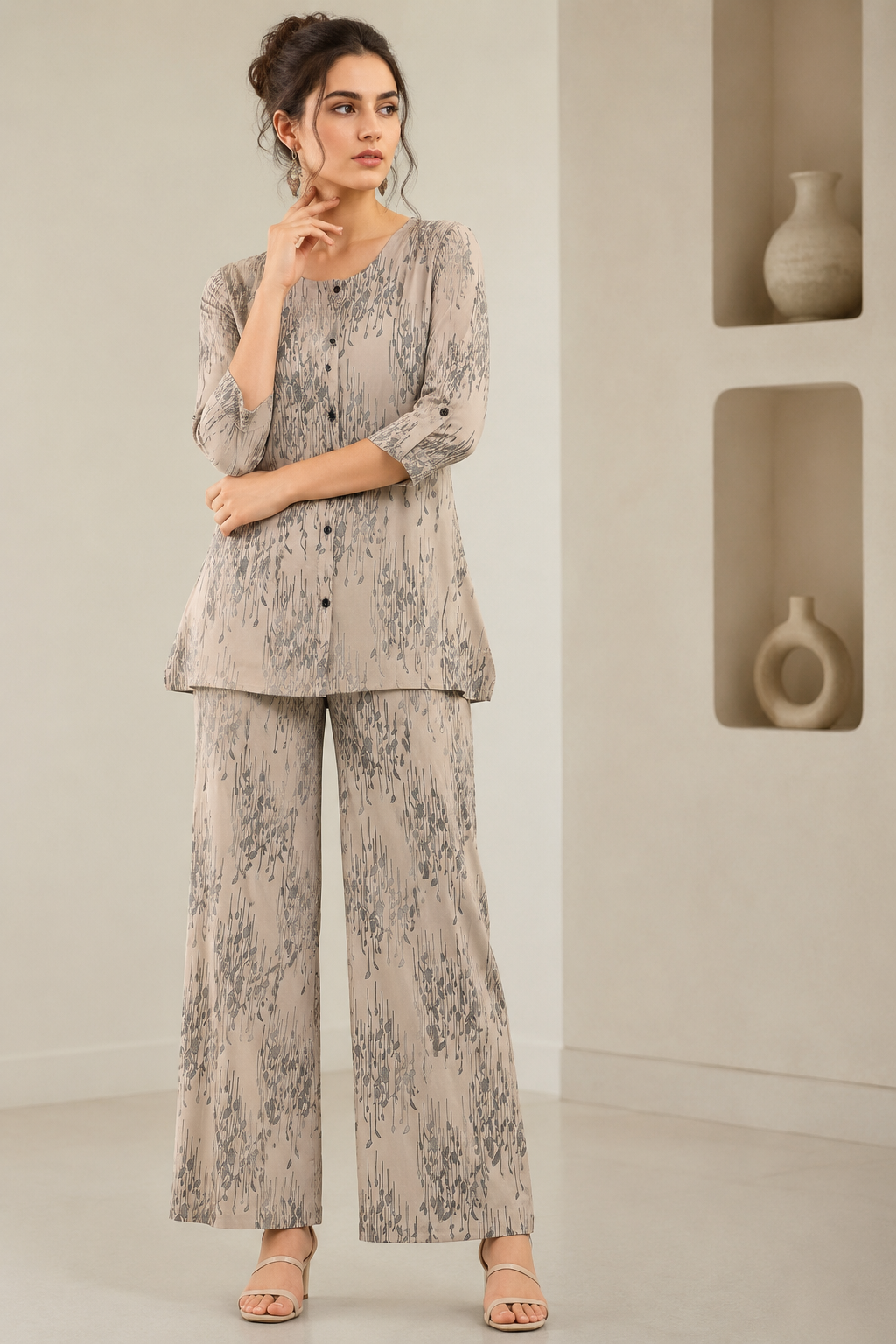 Women's Beige Printed Co-ord Set - 27261