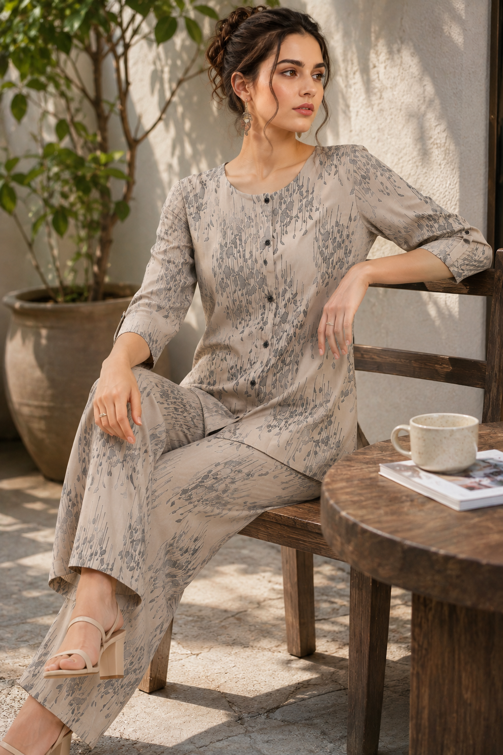 Women's Beige Printed Co-ord Set - 27261