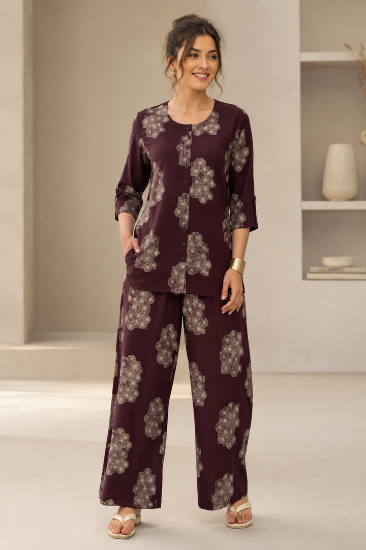Women's Maroon Abstract Printed Co-ord Set - 27251