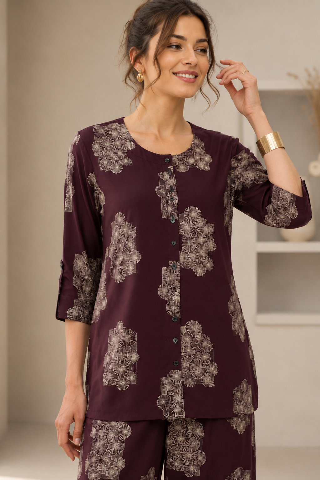 Women's Maroon Abstract Printed Co-ord Set - 27251