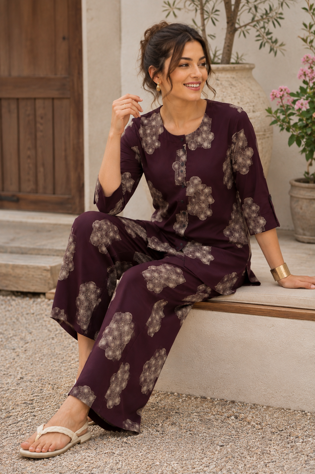 Women's Maroon Abstract Printed Co-ord Set - 27251