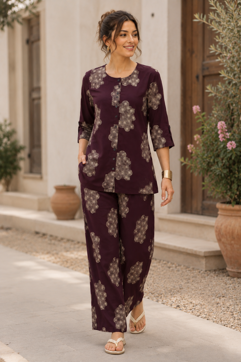 Women's Maroon Abstract Printed Co-ord Set - 27251