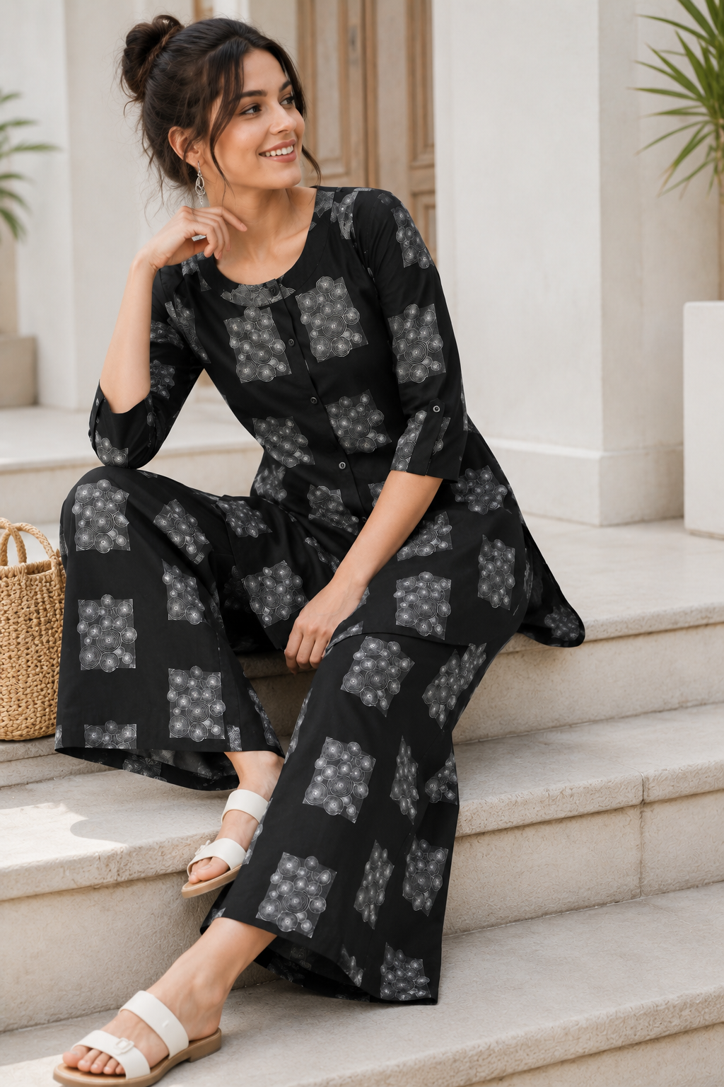 Women's Black & White Abstract Geometric Print Co-ord Set - 27252