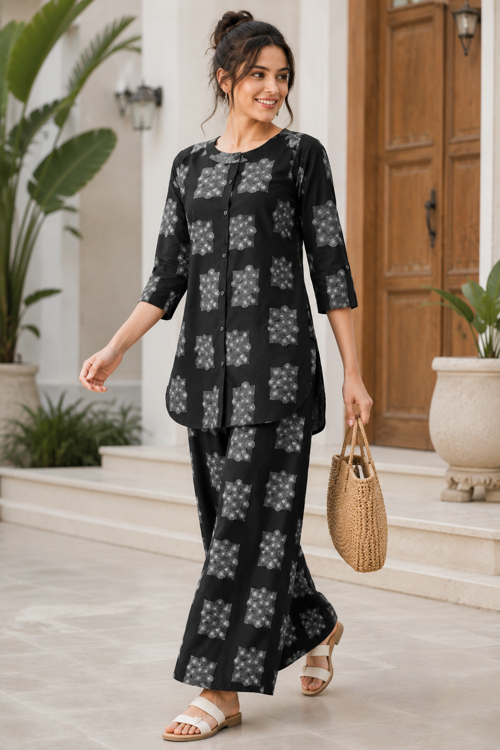 Women's Black & White Abstract Geometric Print Co-ord Set - 27252