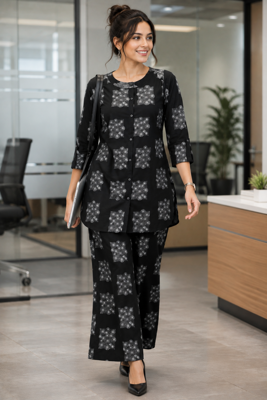 Women's Black & White Abstract Geometric Print Co-ord Set - 27252