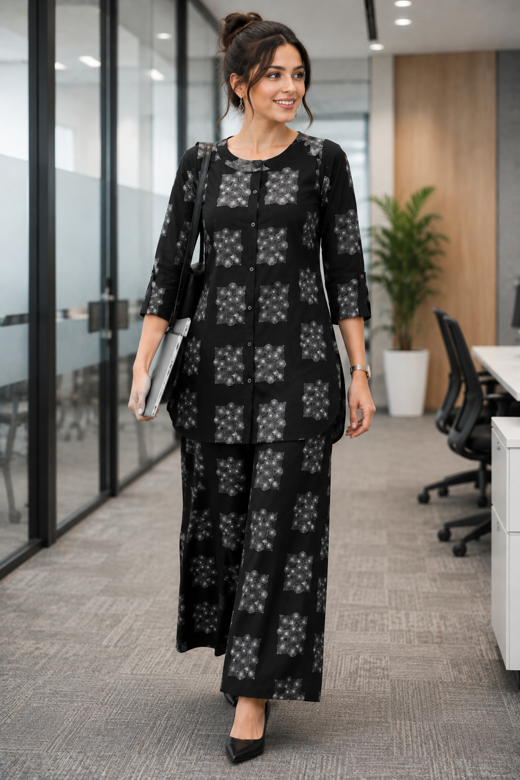 Women's Black & White Abstract Geometric Print Co-ord Set - 27252