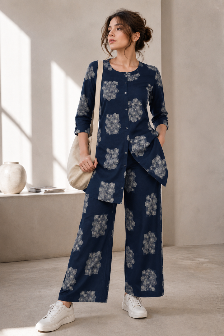Women's Navy Blue & White Abstract Geometric Print Co-ord Set- 27253