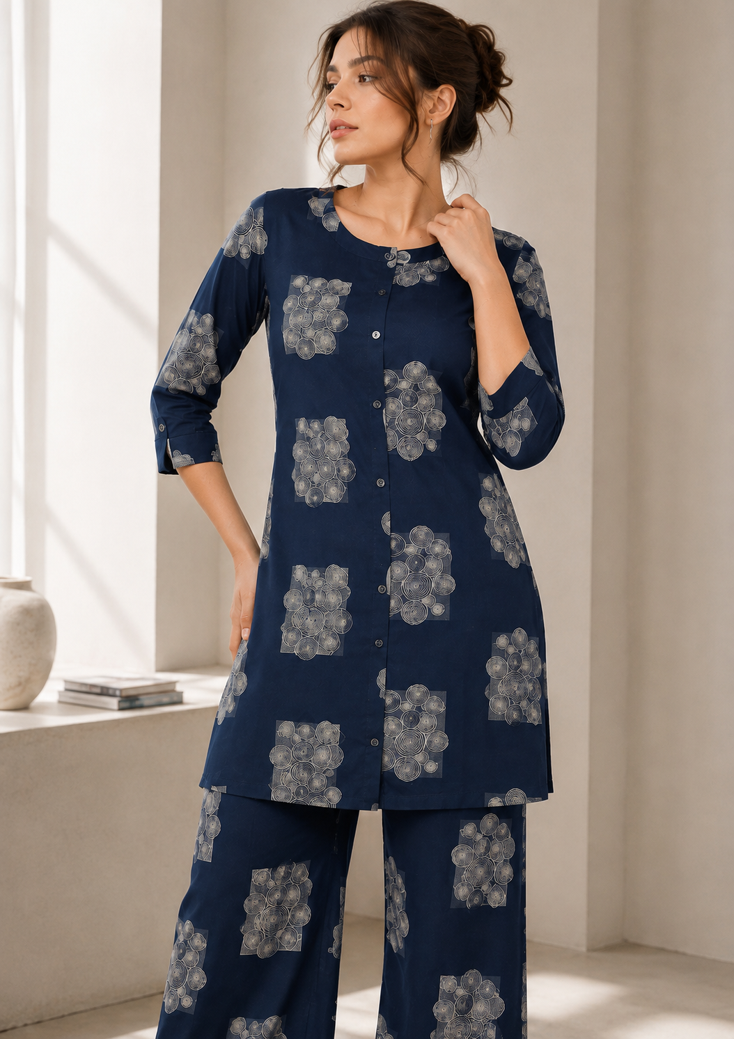 Women's Navy Blue & White Abstract Geometric Print Co-ord Set- 27253