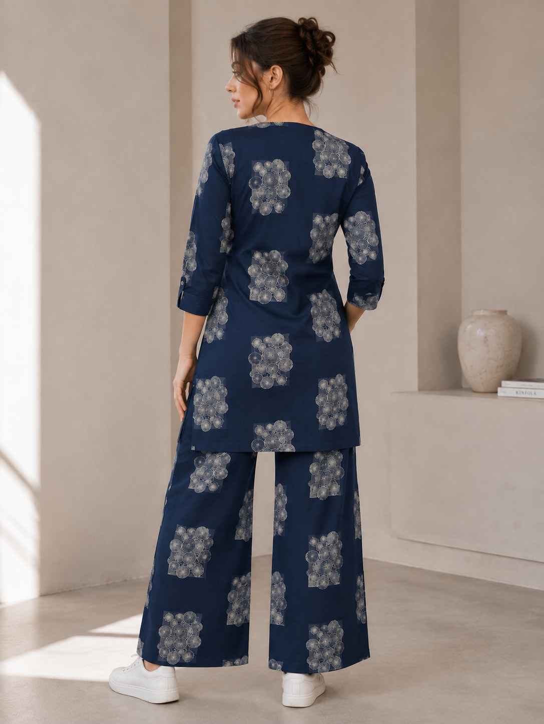 Women's Navy Blue & White Abstract Geometric Print Co-ord Set- 27253