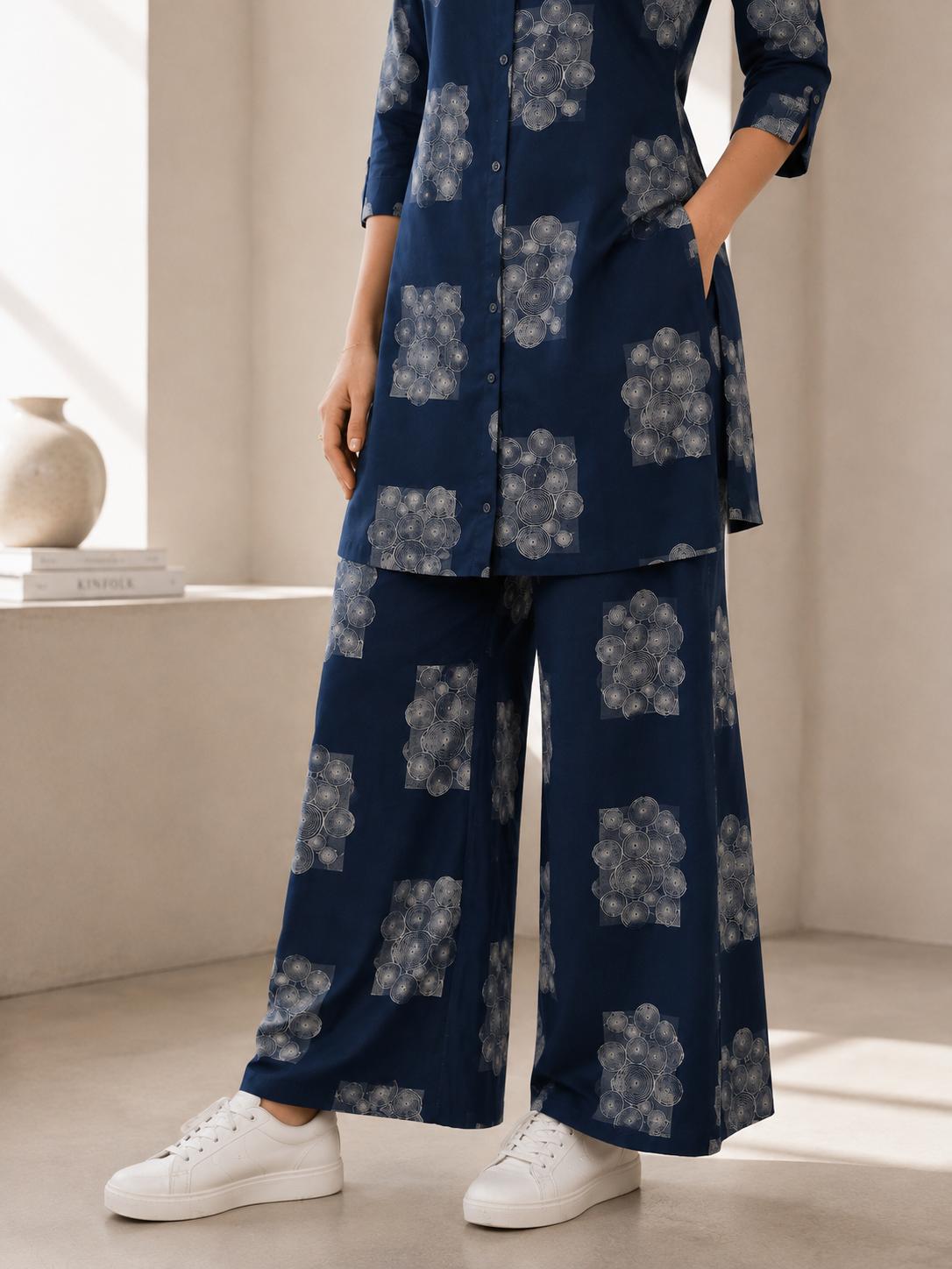 Women's Navy Blue & White Abstract Geometric Print Co-ord Set- 27253