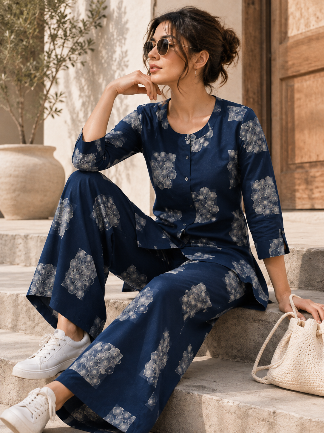 Women's Navy Blue & White Abstract Geometric Print Co-ord Set- 27253