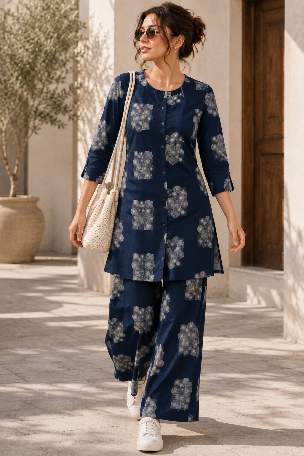 Women's Navy Blue & White Abstract Geometric Print Co-ord Set- 27253