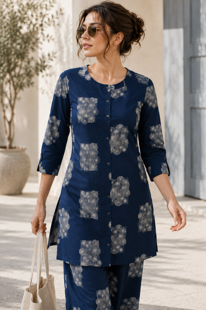 Women's Navy Blue & White Abstract Geometric Print Co-ord Set- 27253