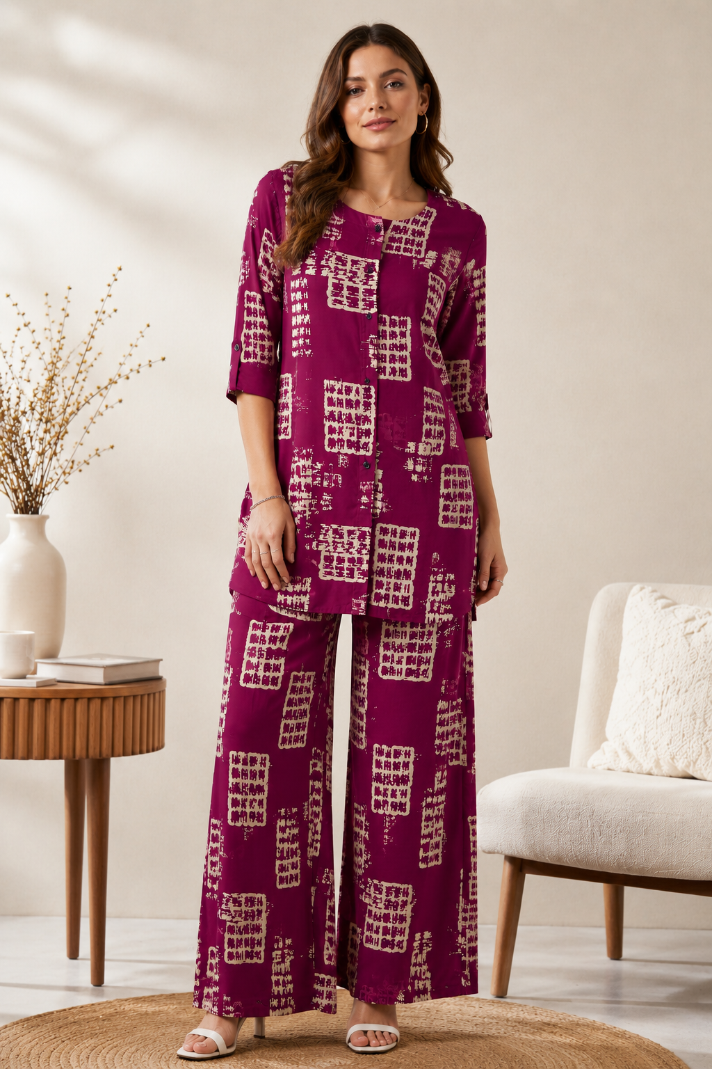 Women's Maroon & Beige Printed Cotton Co-ord Set - 27265