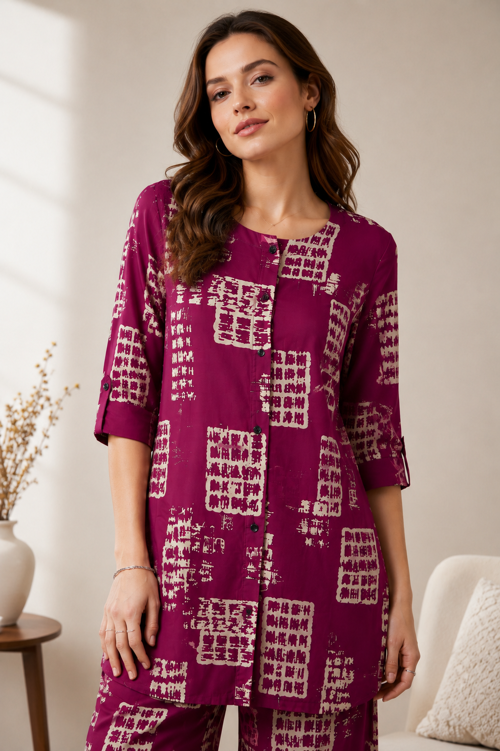 Women's Maroon & Beige Printed Cotton Co-ord Set - 27265